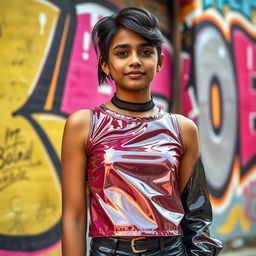 A stylish Indian teenager confidently posing in a shiny, reflective upper body top made of latex, with a trendy hairstyle