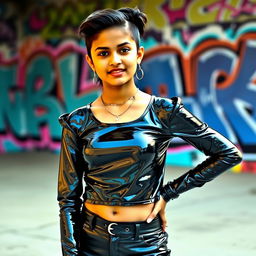 A stylish Indian teenager confidently posing in a shiny, reflective upper body top made of latex, with a trendy hairstyle