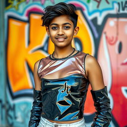 A stylish Indian teenager confidently posing in a shiny, reflective upper body top made of latex, with a trendy hairstyle