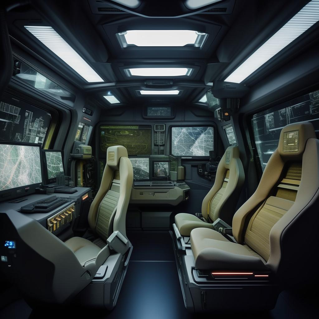 The interior of a futuristic commando's van, equipped with state-of-the-art navigation systems, advanced surveillance equipment, armored seats and high security weapon storage facilities.