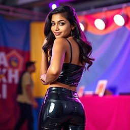 A confident and fashionable Indian teenager, around the age of 16, striking a dynamic pose with her back turned towards the viewer