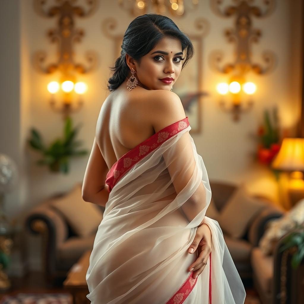 A sexy and elegant Indian housewife, tastefully posed while partially wrapped in a transparent saree that hugs her curves