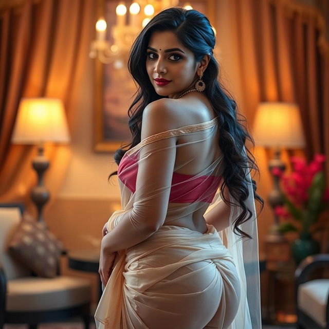 A sexy and elegant Indian housewife, tastefully posed while partially wrapped in a transparent saree that hugs her curves