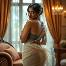 A sexy and elegant Indian housewife, tastefully posed while partially wrapped in a transparent saree that hugs her curves