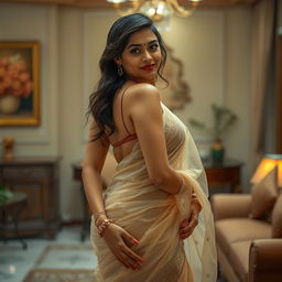 A sexy and elegant Indian housewife, tastefully posed while partially wrapped in a transparent saree that hugs her curves