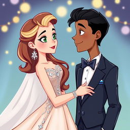 A colorful and whimsical cartoon depiction of two high schoolers at prom, gazing longingly at each other