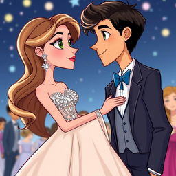 A colorful and whimsical cartoon depiction of two high schoolers at prom, gazing longingly at each other