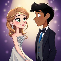 A colorful and whimsical cartoon depiction of two high schoolers at prom, gazing longingly at each other