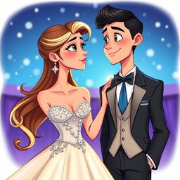 A colorful and whimsical cartoon depiction of two high schoolers at prom, gazing longingly at each other