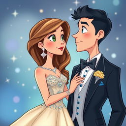 A colorful and whimsical cartoon depiction of two high schoolers at prom, gazing longingly at each other despite a complicated history