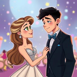 A colorful and whimsical cartoon depiction of two high schoolers at prom, gazing longingly at each other despite a complicated history