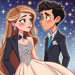 A colorful and whimsical cartoon depiction of two high schoolers at prom, gazing longingly at each other despite a complicated history