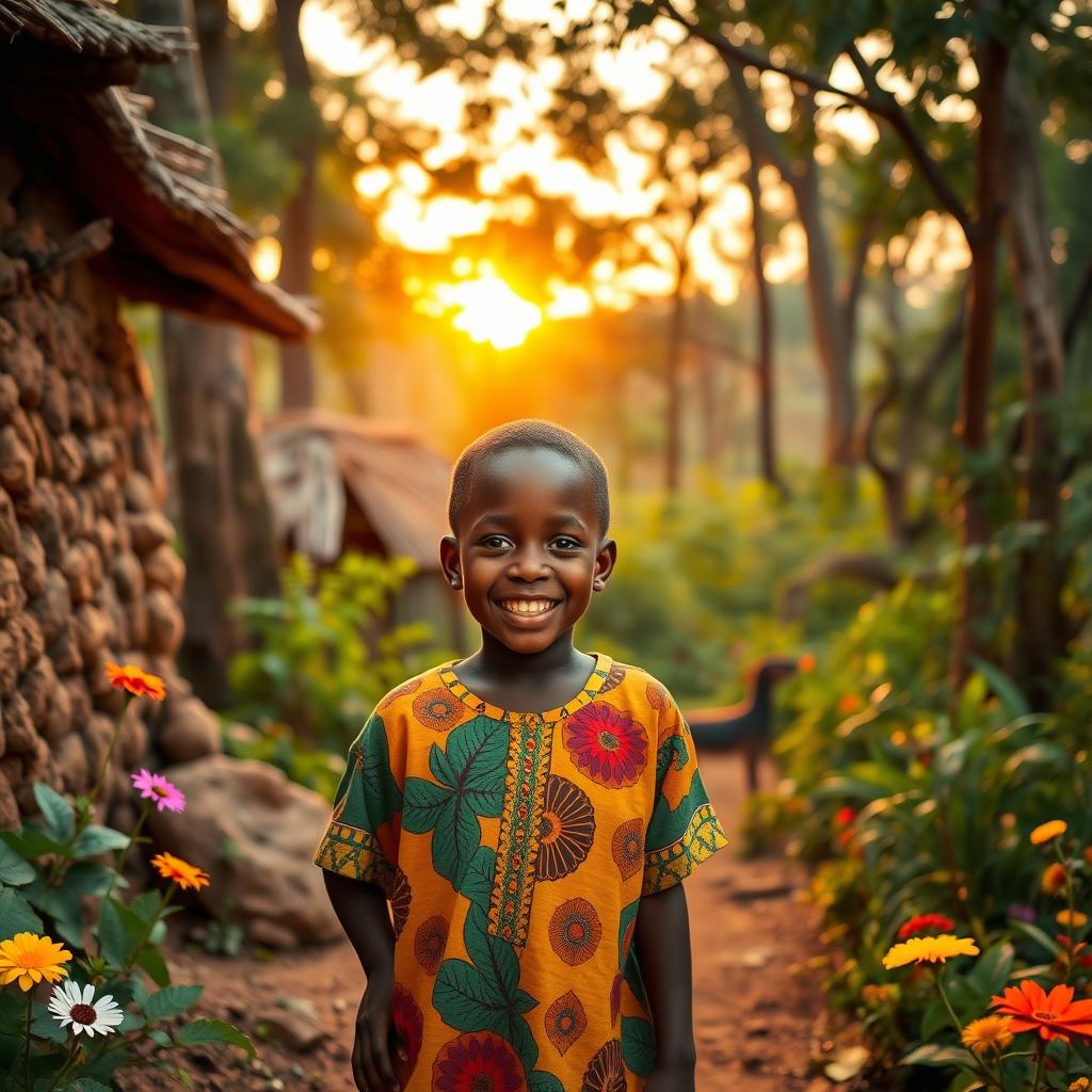 A young boy named Kofi, living with his family in a small clay house surrounded by lush African nature, wakes up early with the first rays of the sun
