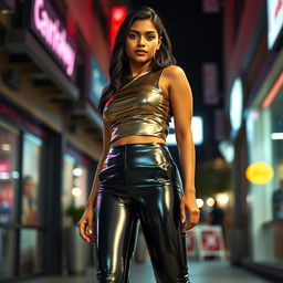 A full-body shot of a confident young woman of Indian descent wearing a form-fitting latex pant and a shiny upper body top