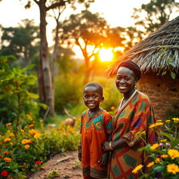 A young boy named Kofi, living with his family in a small clay house surrounded by lush African nature, wakes up early with the first rays of the sun