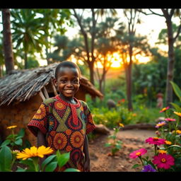 A young boy named Kofi, living with his family in a small clay house surrounded by lush African nature, wakes up early with the first rays of the sun