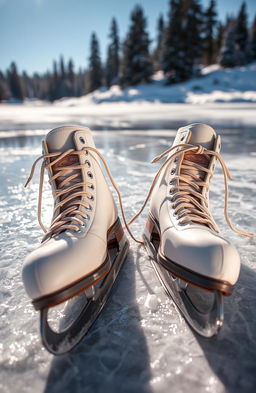 A beautifully detailed close-up of ice skates resting on a frozen lake, glistening under the sunlight