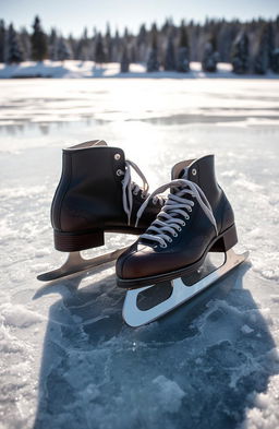 A beautifully detailed close-up of ice skates resting on a frozen lake, glistening under the sunlight