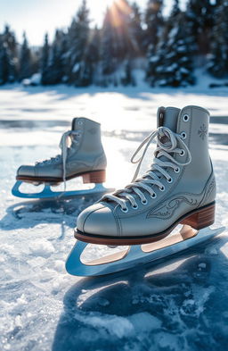 A beautifully detailed close-up of ice skates resting on a frozen lake, glistening under the sunlight