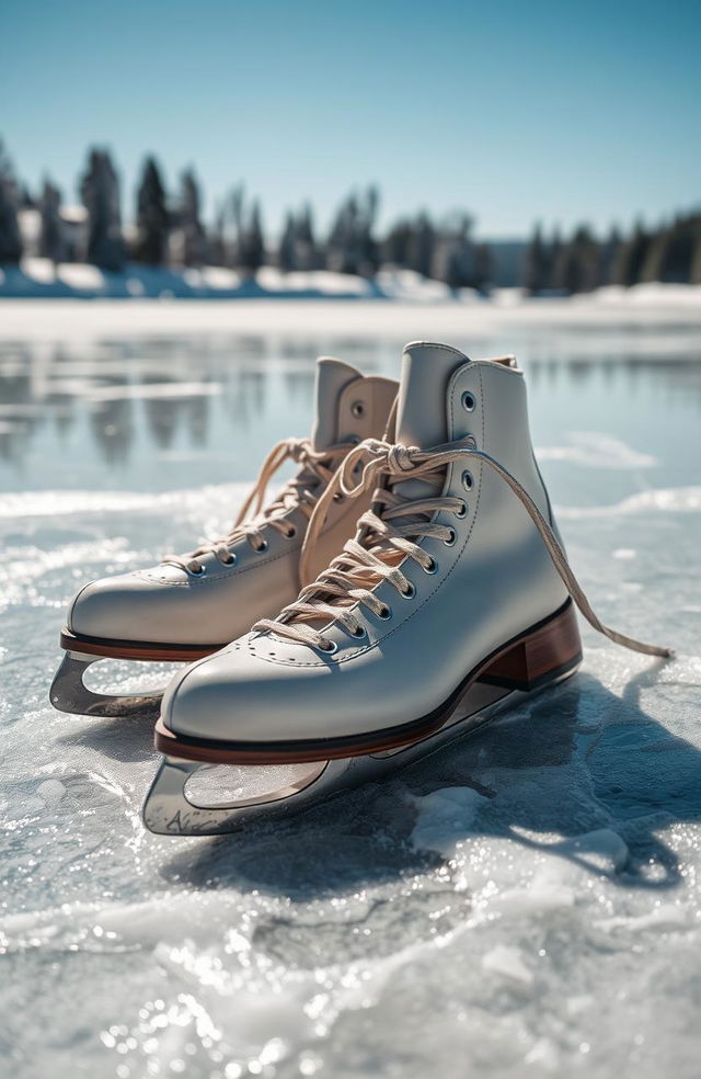 A beautifully detailed close-up of ice skates resting on a frozen lake, glistening under the sunlight