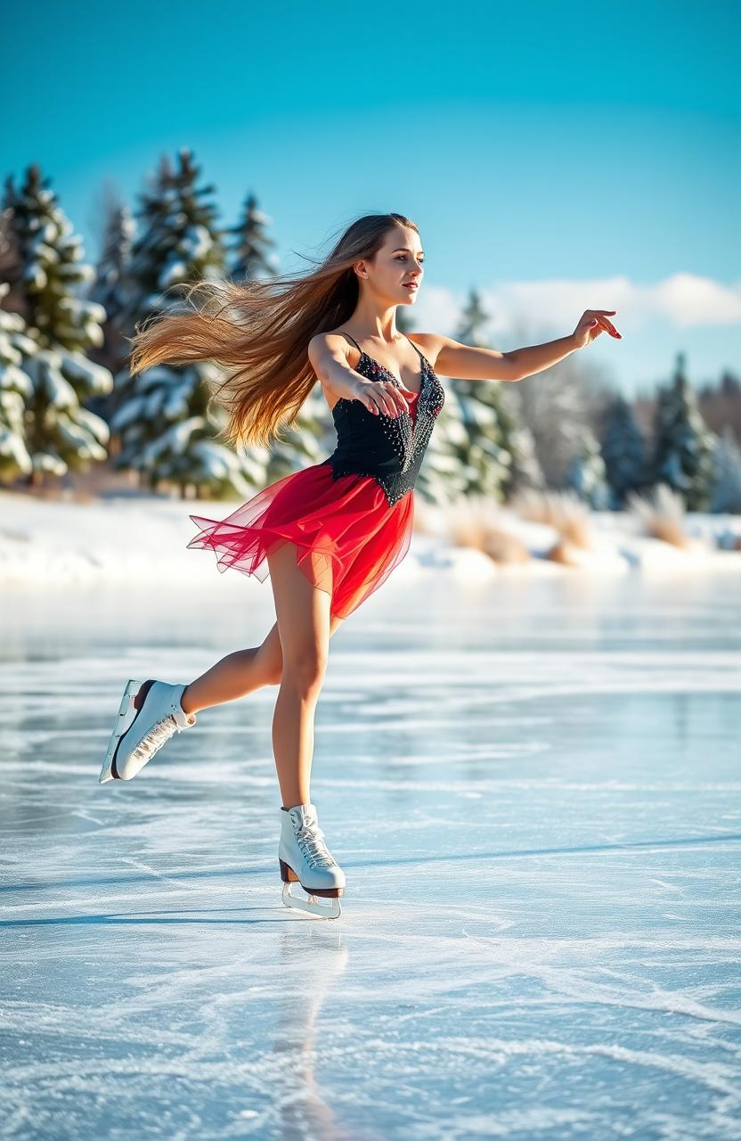 A graceful young woman ice skating elegantly on a frozen lake, her long hair flowing behind her as she performs a beautiful pirouette