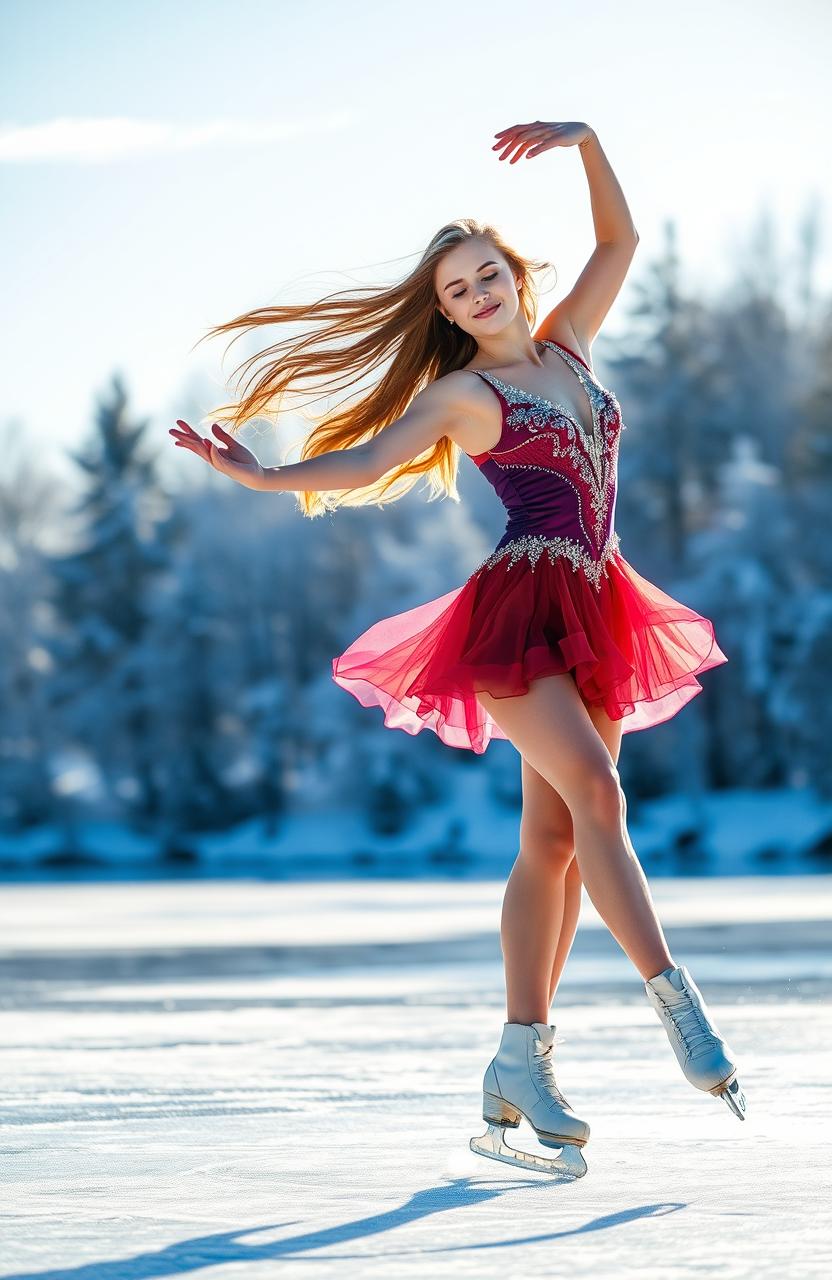 A graceful young woman ice skating elegantly on a frozen lake, her long hair flowing behind her as she performs a beautiful pirouette