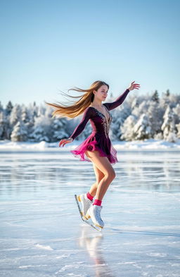 A graceful young woman ice skating elegantly on a frozen lake, her long hair flowing behind her as she performs a beautiful pirouette