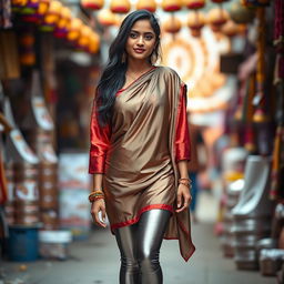 A full-body shot of a young Indian woman dressed in tight silver leggings paired with a silk half kurta