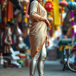 A full-body shot of a young Indian woman dressed in tight silver leggings paired with a silk half kurta