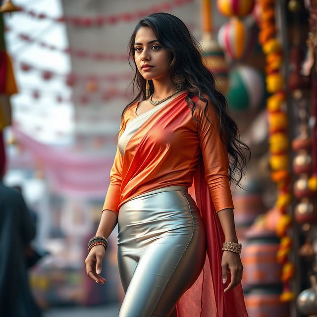 A full-body shot of a young Indian woman dressed in tight silver leggings paired with a silk half kurta