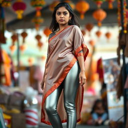 A full-body shot of a young Indian woman dressed in tight silver leggings paired with a silk half kurta