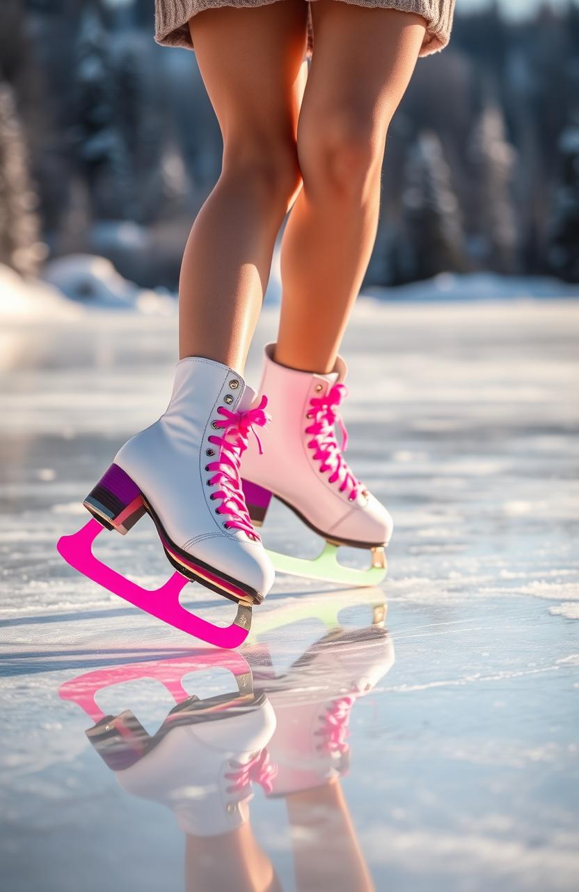 A close-up view of a girl's legs gracefully skating on ice