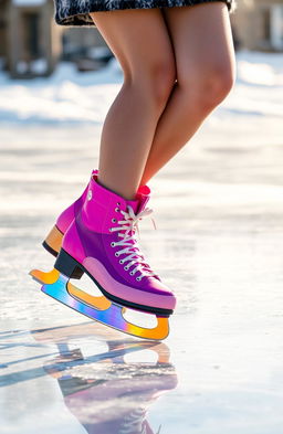 A close-up view of a girl's legs gracefully skating on ice