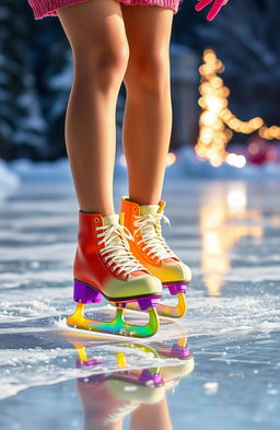 A close-up view of a girl's legs gracefully skating on ice