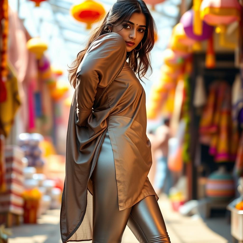 A full-body shot of a young Indian woman dressed in tight silver leggings paired with a silk half kurta