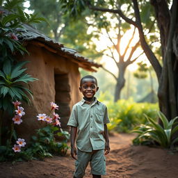 A young African boy with a bright smile, wearing a simple shirt and shorts, standing outside a small mud house surrounded by lush greenery and exotic plants, under the soft morning sunlight