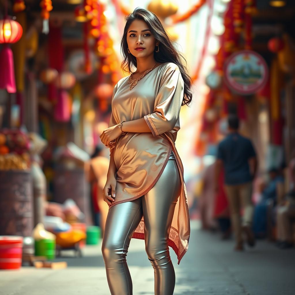 A full-body shot of a young Indian woman dressed in tight silver leggings paired with a silk half kurta