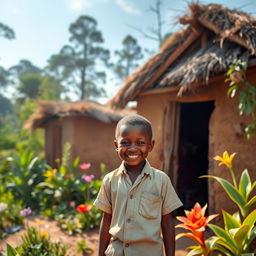 A young African boy with a bright smile, wearing a simple shirt and shorts, standing outside a small mud house surrounded by lush greenery and exotic plants, under the soft morning sunlight