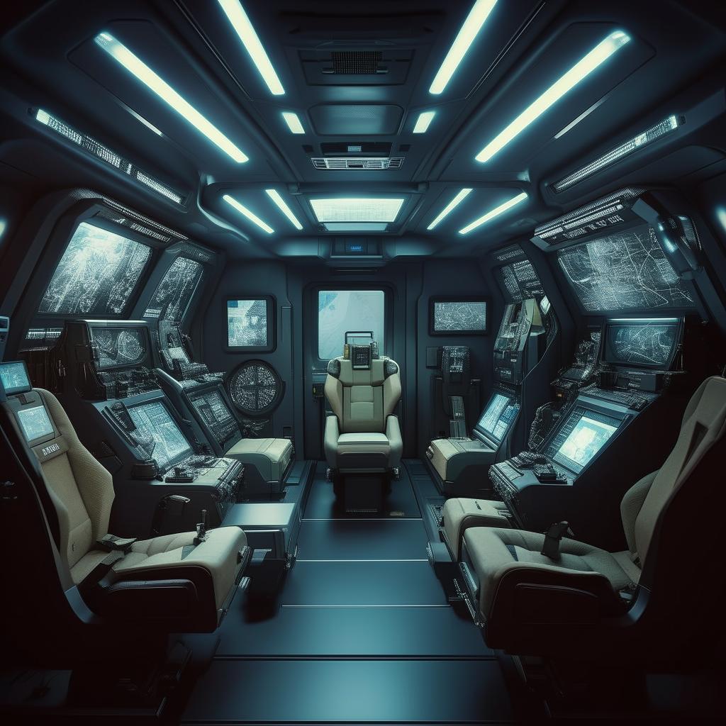 The interior of a futuristic commando's van, equipped with state-of-the-art navigation systems, advanced surveillance equipment, armored seats and high security weapon storage facilities.