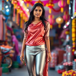 A full-body shot of a young Indian woman dressed in tight silver leggings paired with a silk half kurta