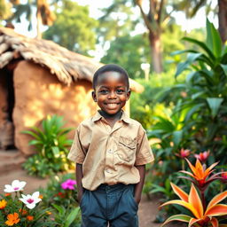 A young African boy with a bright smile, wearing a simple shirt and shorts, standing outside a small mud house surrounded by lush greenery and exotic plants, under the soft morning sunlight