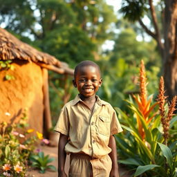 A young African boy with a bright smile, wearing a simple shirt and shorts, standing outside a small mud house surrounded by lush greenery and exotic plants, under the soft morning sunlight