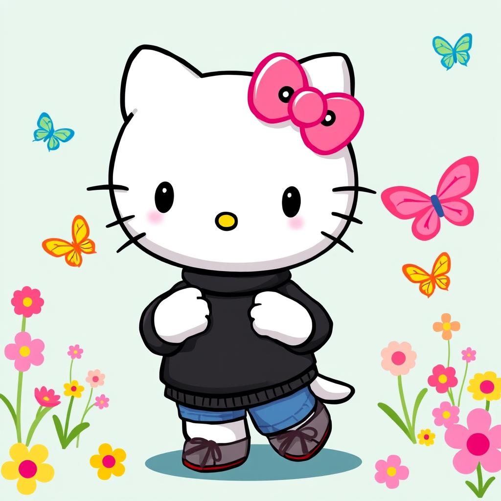 Hello Kitty, the iconic cat character, wearing a stylish black jumper and trendy blue jeans