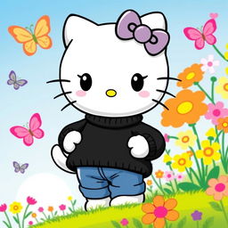 Hello Kitty, the iconic cat character, wearing a stylish black jumper and trendy blue jeans