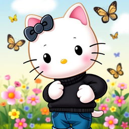 Hello Kitty, the iconic cat character, wearing a stylish black jumper and trendy blue jeans