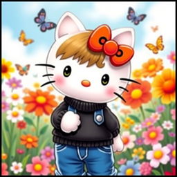 Hello Kitty, the iconic cat character, wearing a stylish black jumper and trendy blue jeans