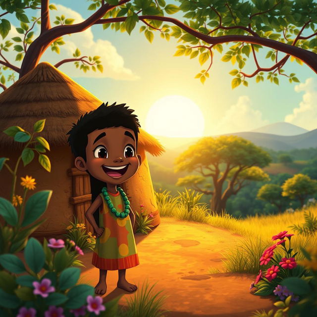 An animated scene featuring a young boy named Kofi, happily waking up in a charming mud house surrounded by the lush, vibrant nature of Africa