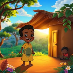 An animated scene featuring a young boy named Kofi, happily waking up in a charming mud house surrounded by the lush, vibrant nature of Africa