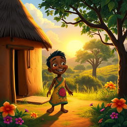 An animated scene featuring a young boy named Kofi, happily waking up in a charming mud house surrounded by the lush, vibrant nature of Africa