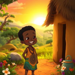 An animated scene featuring a young boy named Kofi, happily waking up in a charming mud house surrounded by the lush, vibrant nature of Africa